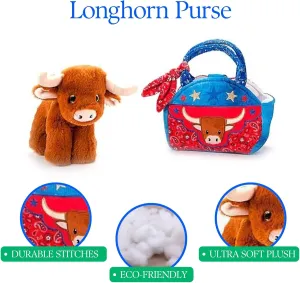 The Petting Zoo Longhorn Stuffed Animal Plushie and Purse Set, Gifts for Kids, Wildlife Animal Toy, Brown Longhorn Plush Toy and Purse Pet Carrier