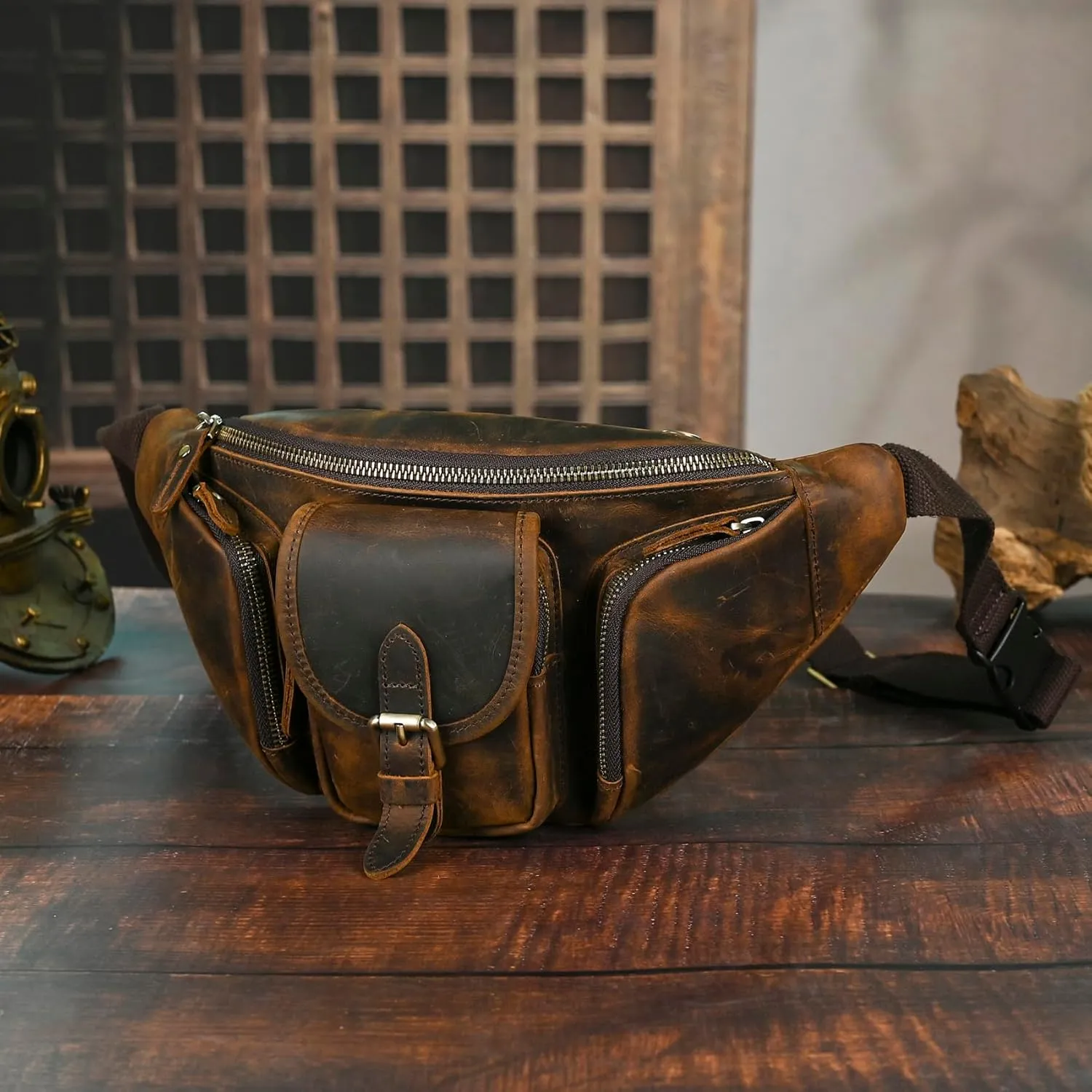 Thick Crazy Horse Leather Hiking Riding Travel Outdoor Belt Fanny Waist Pack Small Phone Pouch For Men Women 380 (380 Brown)