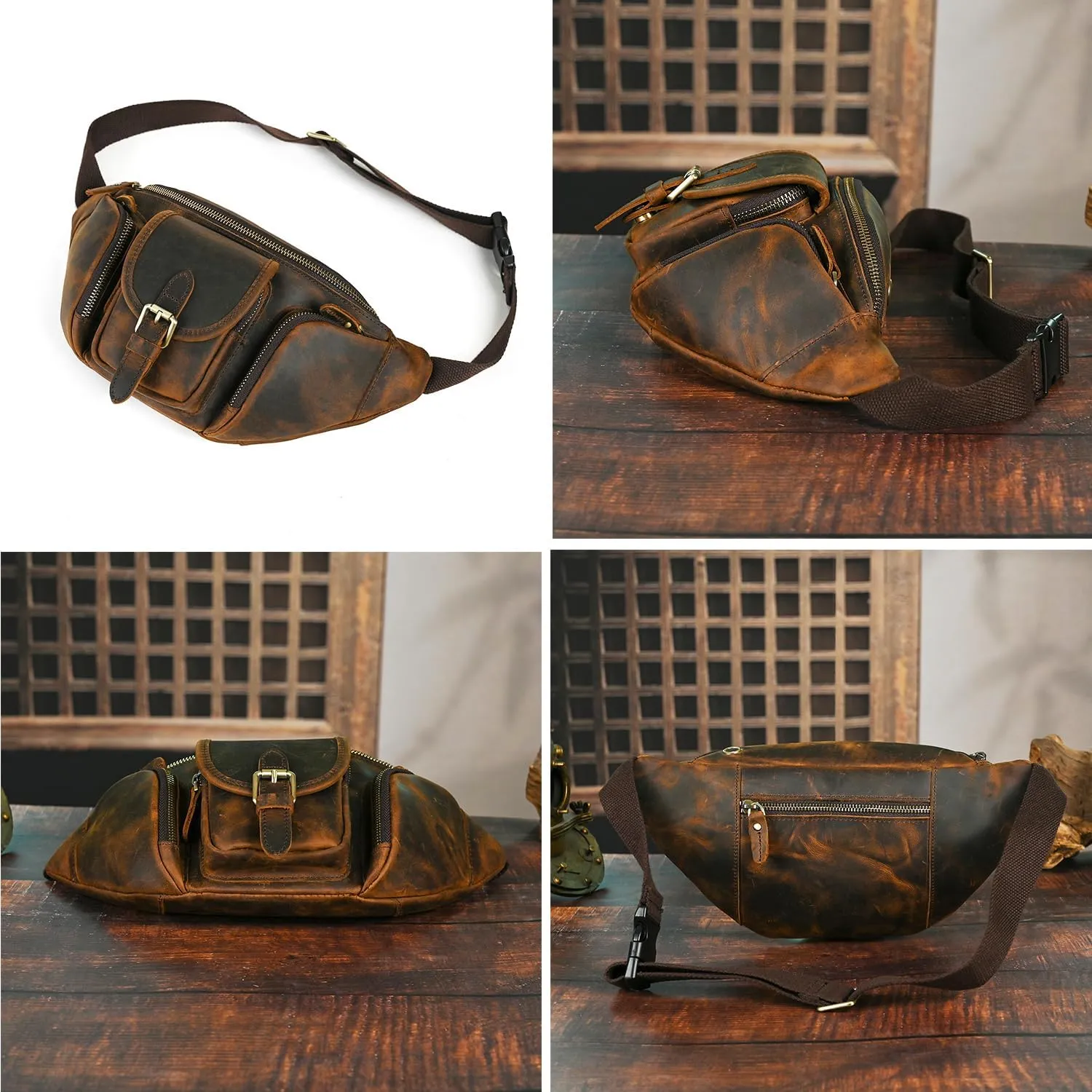 Thick Crazy Horse Leather Hiking Riding Travel Outdoor Belt Fanny Waist Pack Small Phone Pouch For Men Women 380 (380 Brown)