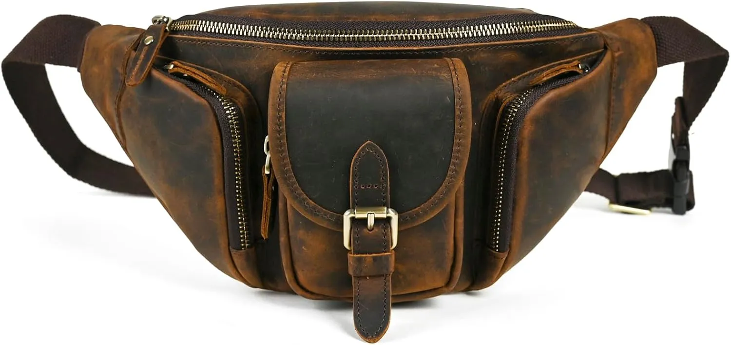 Thick Crazy Horse Leather Hiking Riding Travel Outdoor Belt Fanny Waist Pack Small Phone Pouch For Men Women 380 (380 Brown)