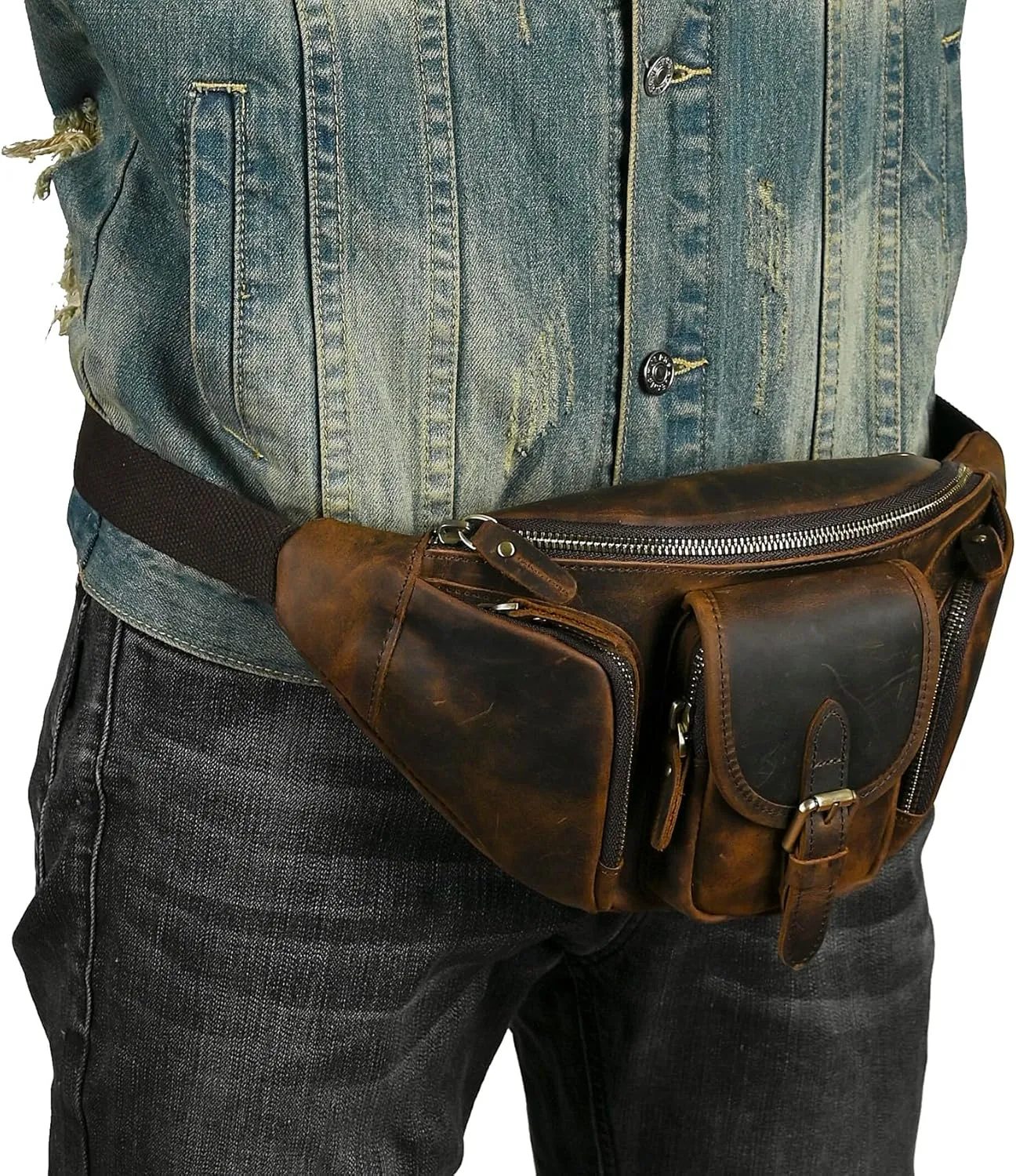 Thick Crazy Horse Leather Hiking Riding Travel Outdoor Belt Fanny Waist Pack Small Phone Pouch For Men Women 380 (380 Brown)