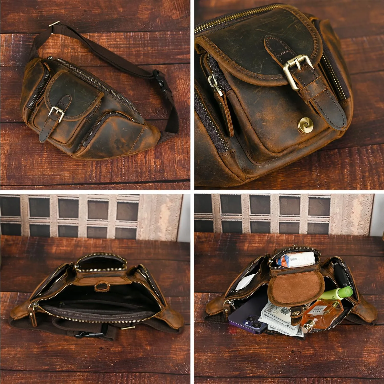 Thick Crazy Horse Leather Hiking Riding Travel Outdoor Belt Fanny Waist Pack Small Phone Pouch For Men Women 380 (380 Brown)