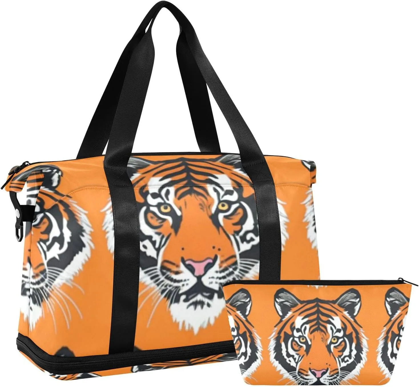 Tiger in Orange Versatile Sports Travel Bag - Lasting Twill Tote, Removable Wheel & Rod Bagging, Multi-pocket Design, Complimentary Makeup Bag