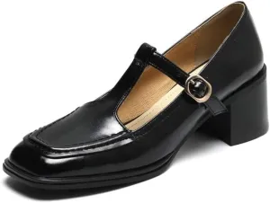 TinaCus Handmade Women's Genuine Leather Vintage Square Toe T-Strap Mary Jane Pumps Shoes