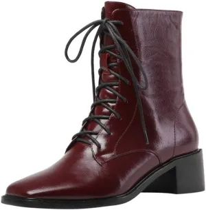 TinaCus Women's Genuine Leather Square Toe Selftie Handmade Side Zip Low Chunky Heel Vintage Boots