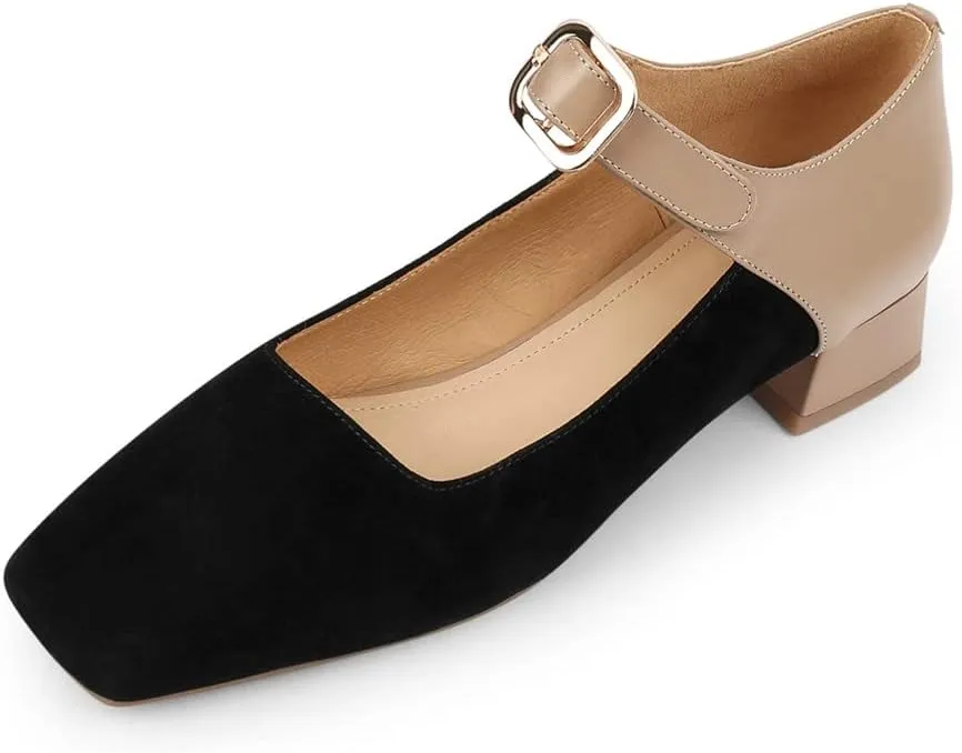 TinaCus Women's Square Toe Genuine & Suede Leather Handmade Buckle Belt Low Chunky Heels Vintage Pumps Shoes