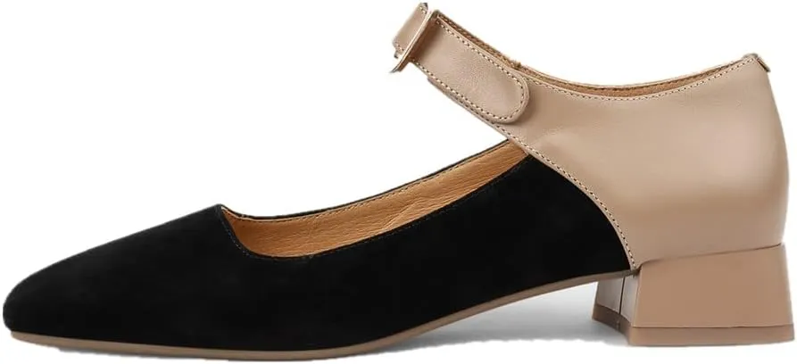 TinaCus Women's Square Toe Genuine & Suede Leather Handmade Buckle Belt Low Chunky Heels Vintage Pumps Shoes