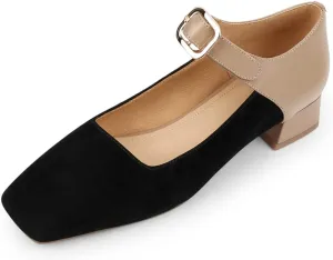 TinaCus Women's Square Toe Genuine & Suede Leather Handmade Buckle Belt Low Chunky Heels Vintage Pumps Shoes