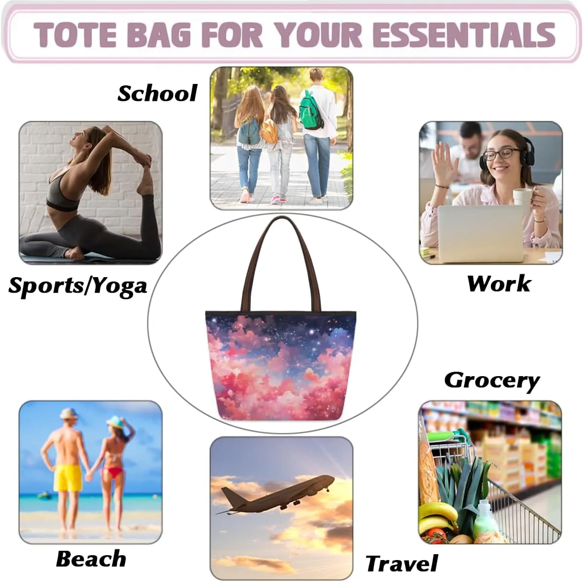Tote Bag for Women with Zipper Large Capacity Top Handle Casual Shoulder Bag Handbag Reusable Shopping