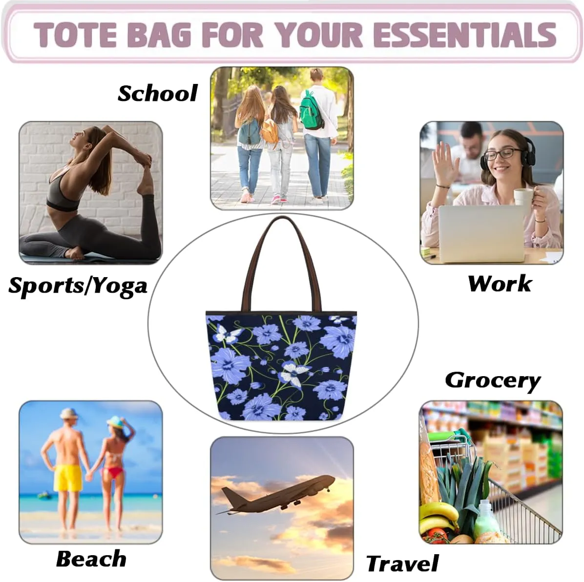 Tote Bag for Women with Zipper Large Capacity Top Handle Casual Shoulder Bag Handbag Reusable Shopping