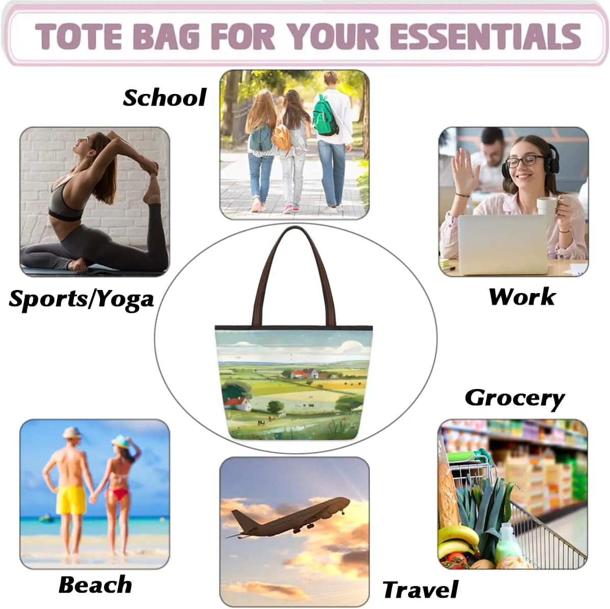 Tote Bag for Women with Zipper Large Capacity Top Handle Casual Shoulder Bag Handbag Reusable Shopping