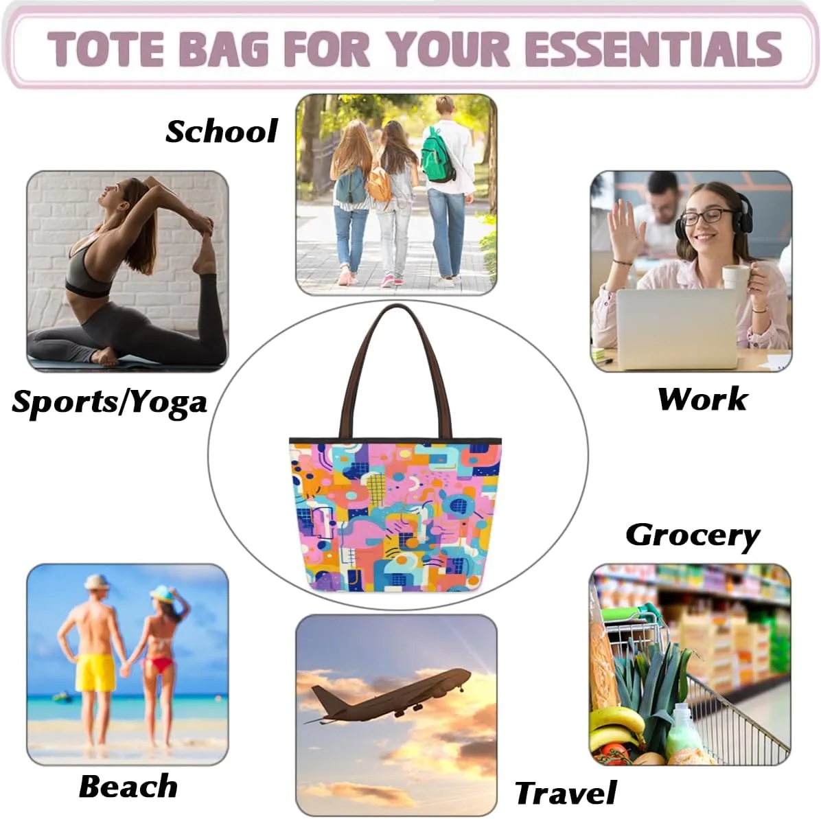 Tote Bag for Women with Zipper Large Capacity Top Handle Casual Shoulder Bag Handbag Reusable Shopping