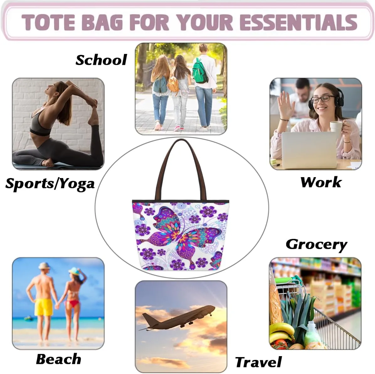 Tote Bag for Women with Zipper Large Capacity Top Handle Casual Shoulder Bag Handbag Reusable Shopping