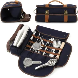 Travel Bartender Kit Bag, Traveling Bar Set, Portable Mixology Sets, 23 Pieces, Dark Blue, Silver, Professional Bartending Accessories, Starter Cocktail Mixer, Mobile Barware Tool Kitbag | Houseables