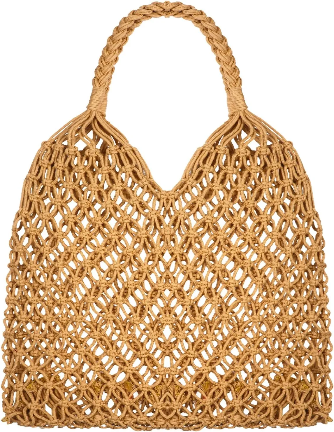 Travel Beach Fishing Net Handbag Woven Shoulder Bag Cotton Rope Macrame Mesh Beach Bag Crochet Knit Purse for Women
