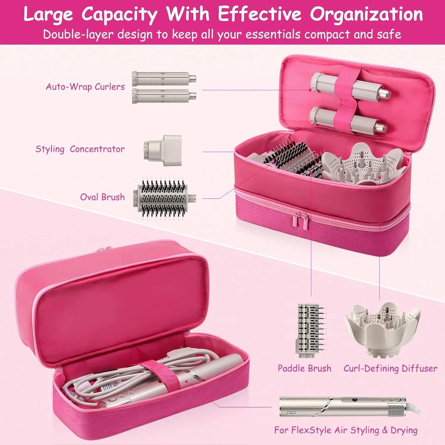 Travel Carrying Case for Hair Dryer for Shark Flexstyle Double-Layer Hair Accessories Tools Storage Bag for Revlon Hairdryer Styler Organizer (P-Pink)