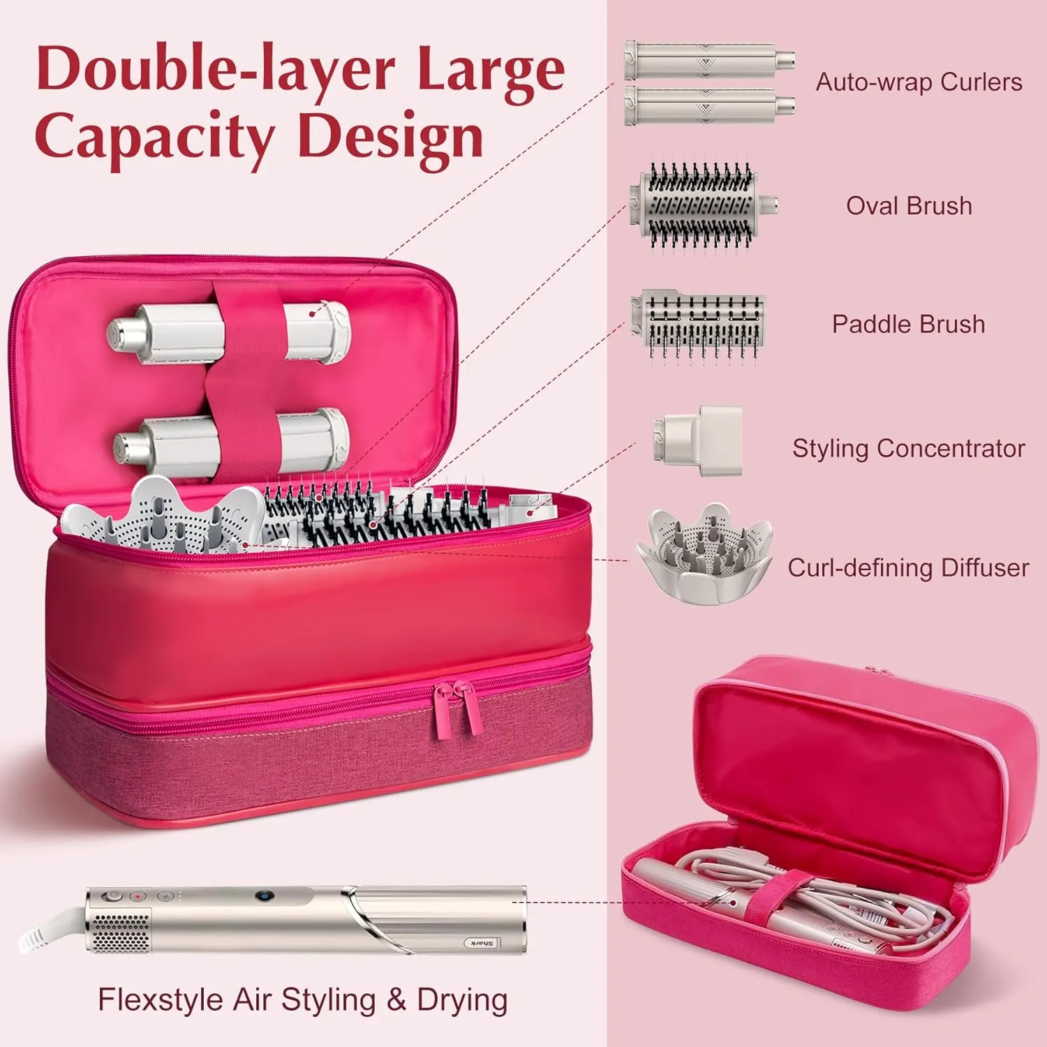 Travel Carrying Case for Shark Flex Style, Double Layer Hair Dryer Accessories Tools Storage Case, Waterproof PU Leather Organizer Bag for Shark Flexstyle/Dyson Airwrap Styler and Attachments (Pink)