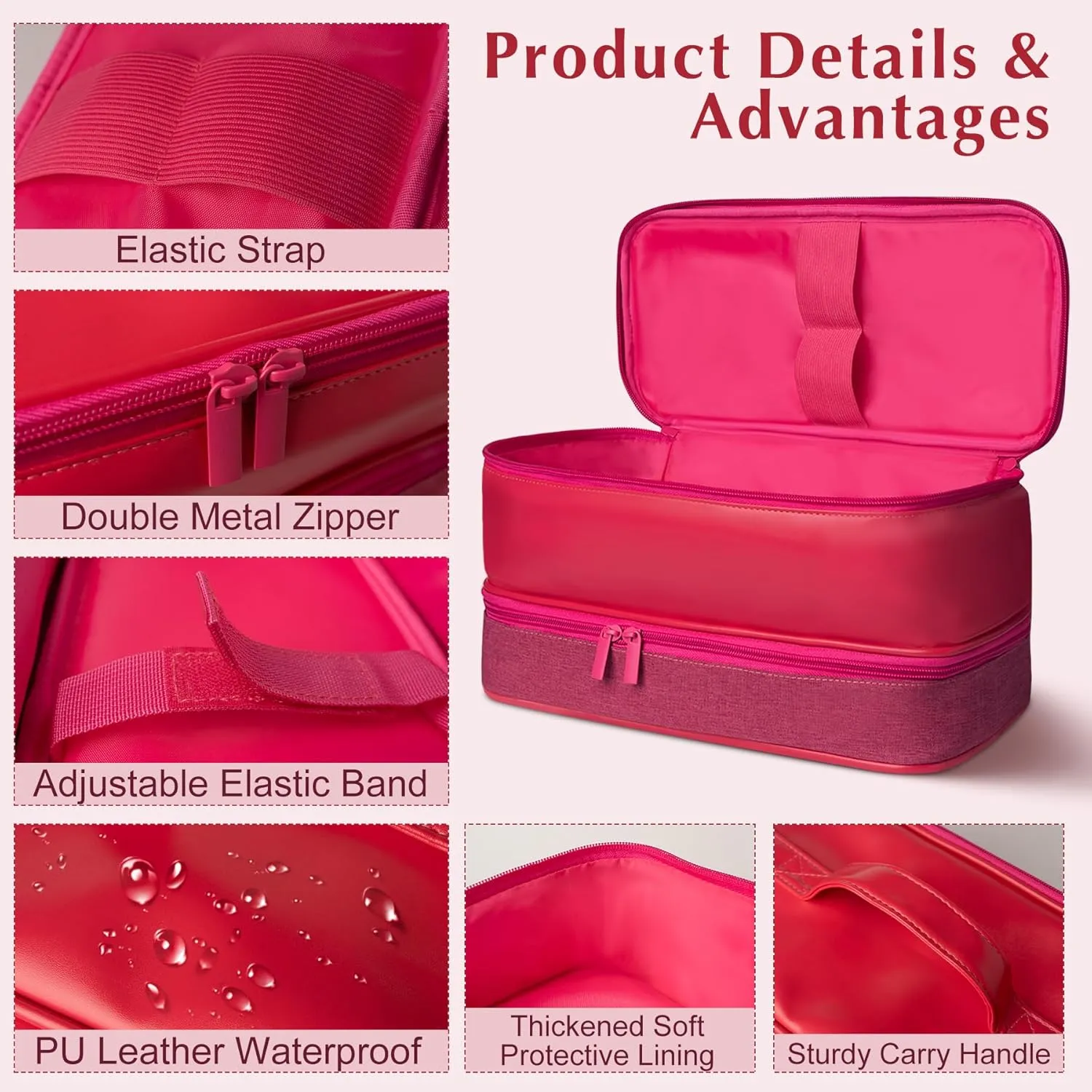 Travel Carrying Case for Shark Flex Style, Double Layer Hair Dryer Accessories Tools Storage Case, Waterproof PU Leather Organizer Bag for Shark Flexstyle/Dyson Airwrap Styler and Attachments (Pink)