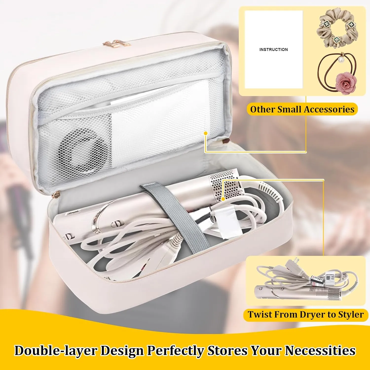 Travel Carrying Case for Shark Flex Style, Double Layer Storage Case for Shark SpeedStyle Hair Dryer Attachments, Waterproof PU Leather Organizer Bag for Shark Airwrap Styler (Dianthus White)