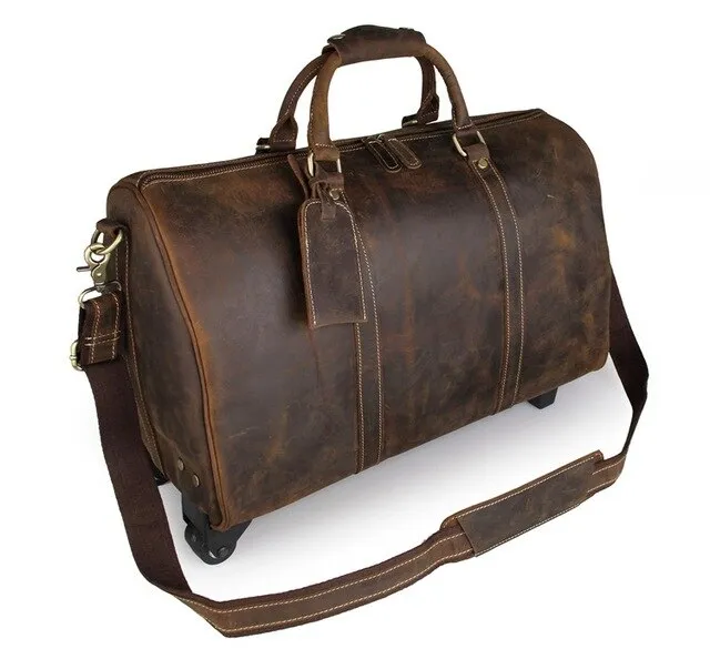 travel Cowhide On-demand shipping Big wheels Brown crazy 20" leather trolley bag Men's leather bag genuine bag  horse luggage case weekend with Limited time