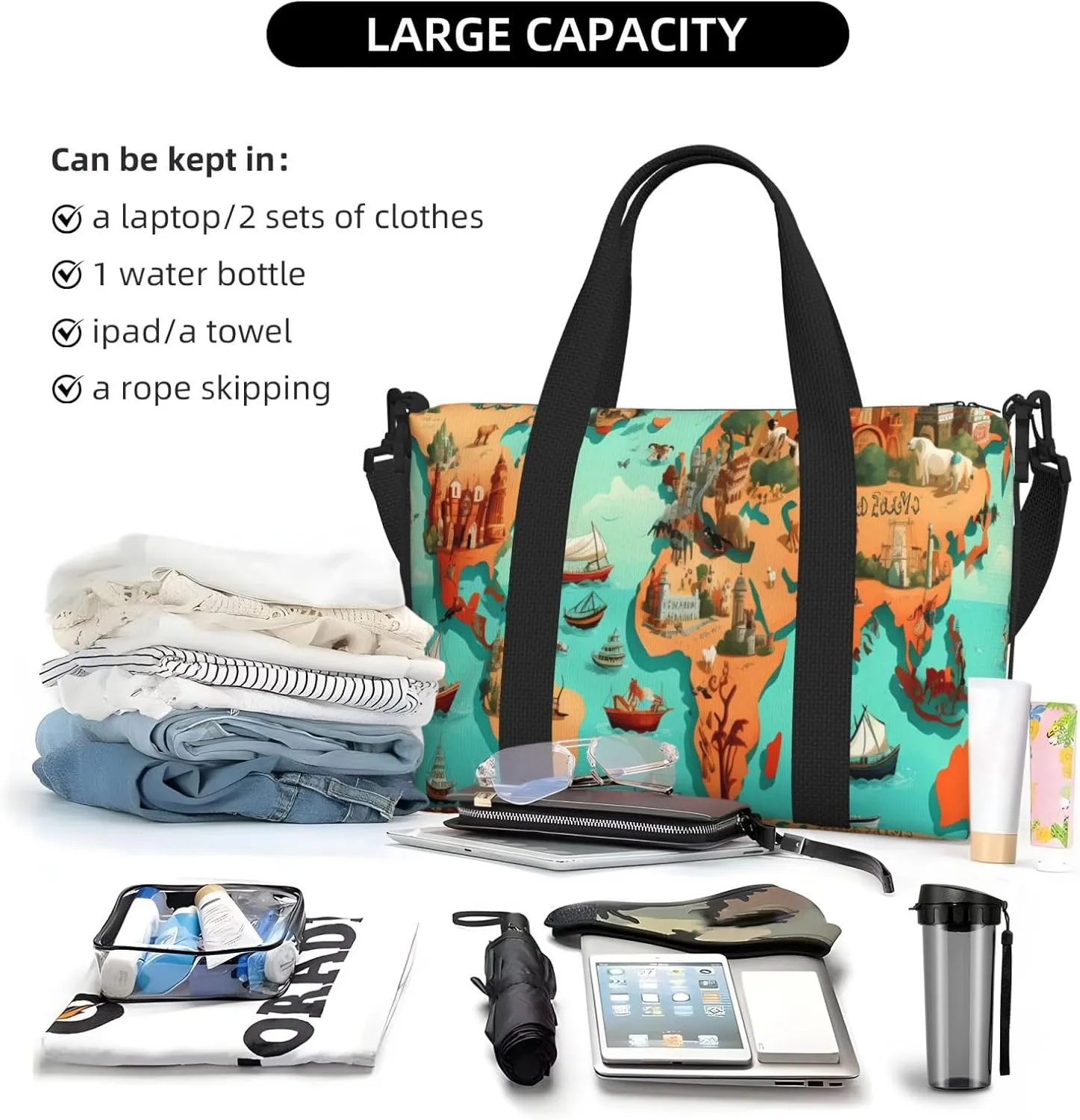 Travel Duffle Bag Cute Animals Map Print Weekender Overnight Bags Luggage Bag for Women Men Waterproof Sports Gym Bag Hand Bag with Shoulder Strap