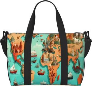 Travel Duffle Bag Cute Animals Map Print Weekender Overnight Bags Luggage Bag for Women Men Waterproof Sports Gym Bag Hand Bag with Shoulder Strap