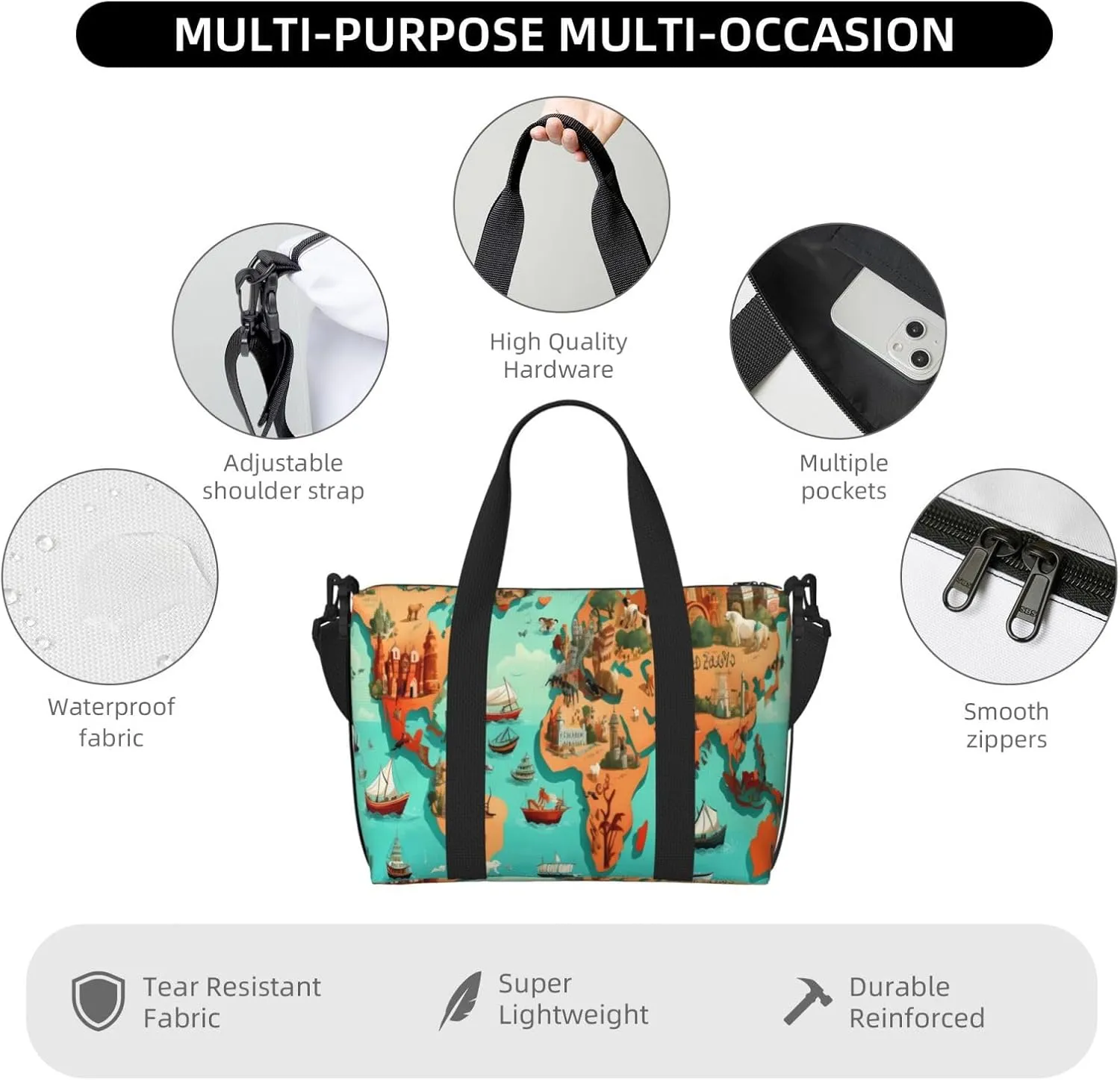 Travel Duffle Bag Cute Animals Map Print Weekender Overnight Bags Luggage Bag for Women Men Waterproof Sports Gym Bag Hand Bag with Shoulder Strap