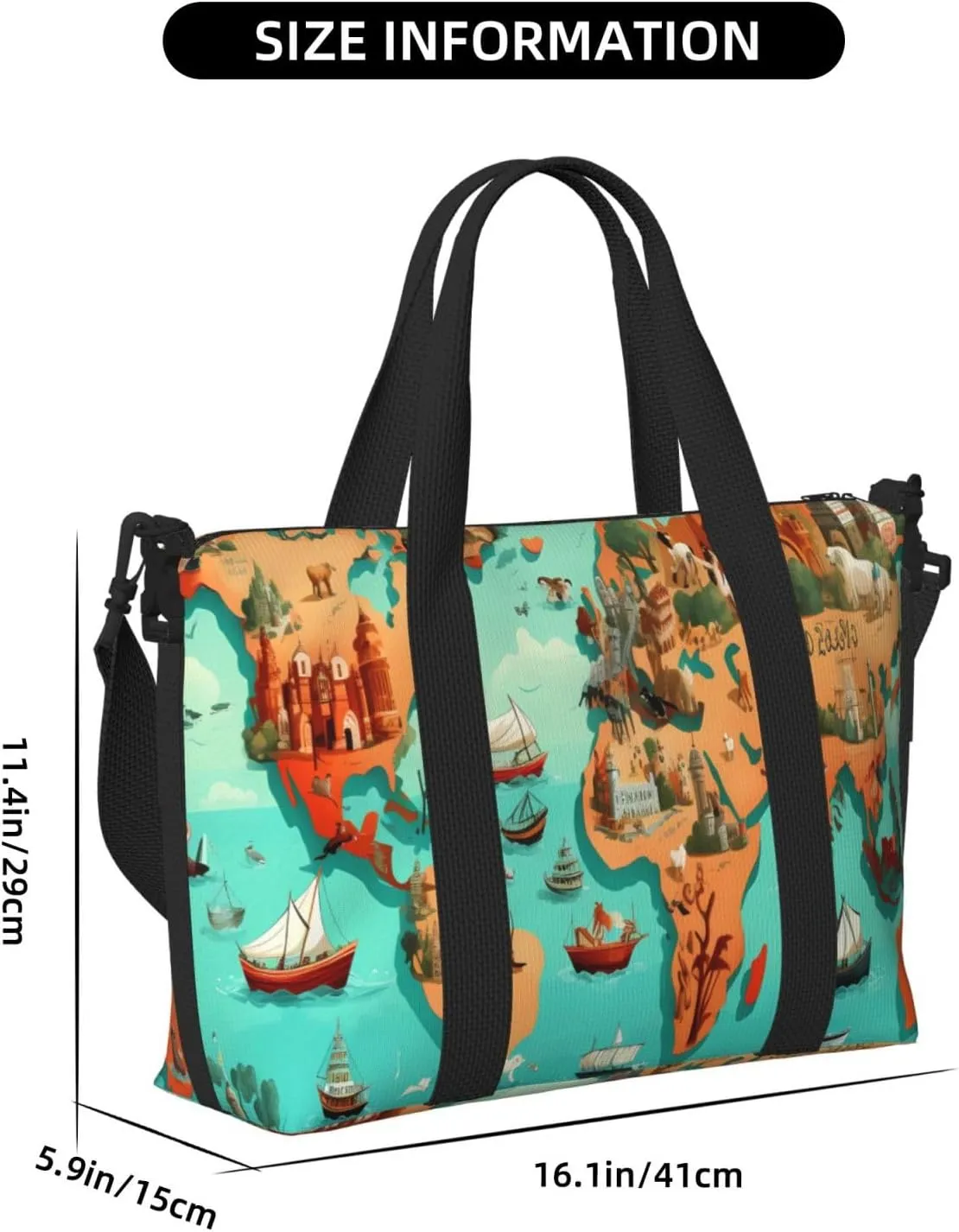 Travel Duffle Bag Cute Animals Map Print Weekender Overnight Bags Luggage Bag for Women Men Waterproof Sports Gym Bag Hand Bag with Shoulder Strap