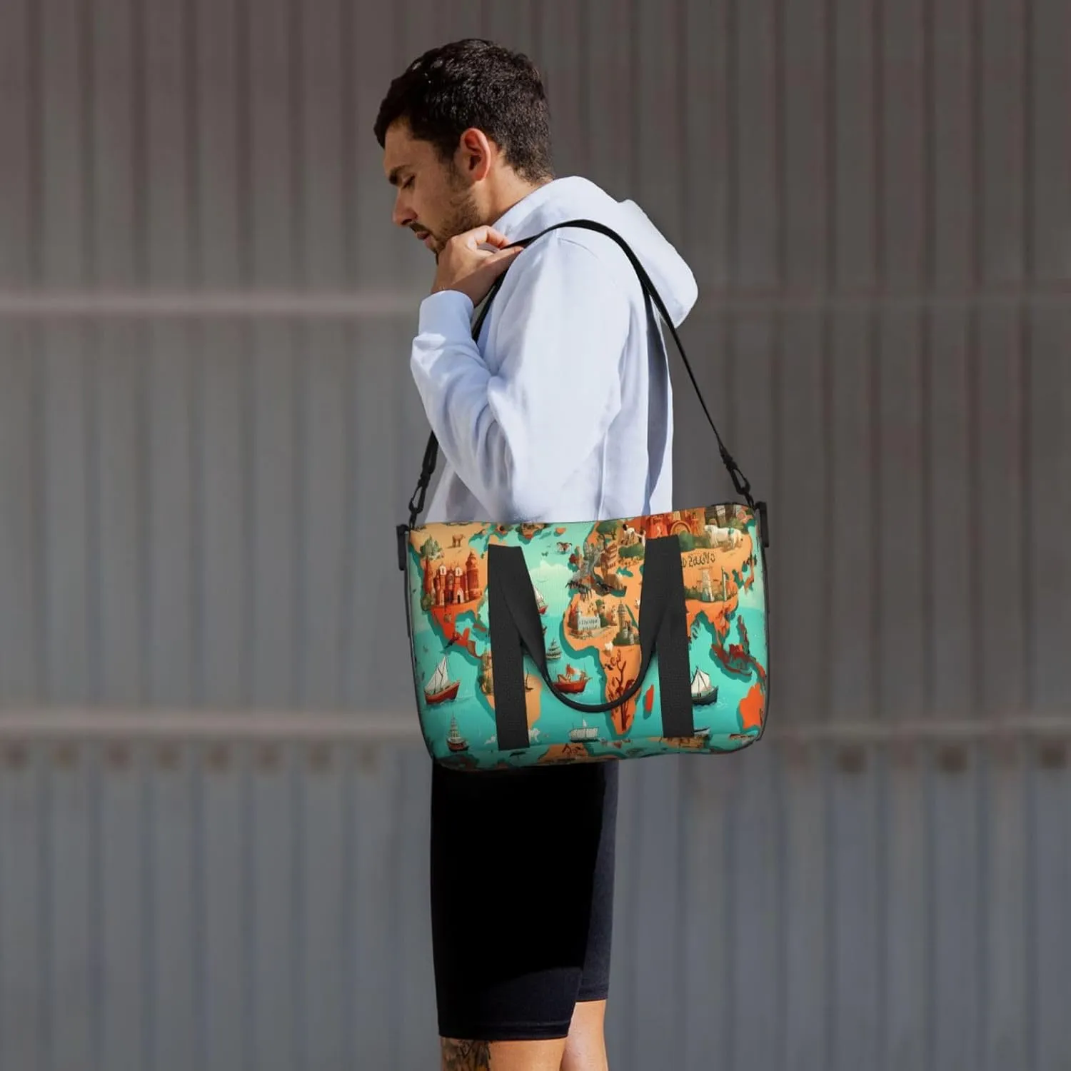 Travel Duffle Bag Cute Animals Map Print Weekender Overnight Bags Luggage Bag for Women Men Waterproof Sports Gym Bag Hand Bag with Shoulder Strap