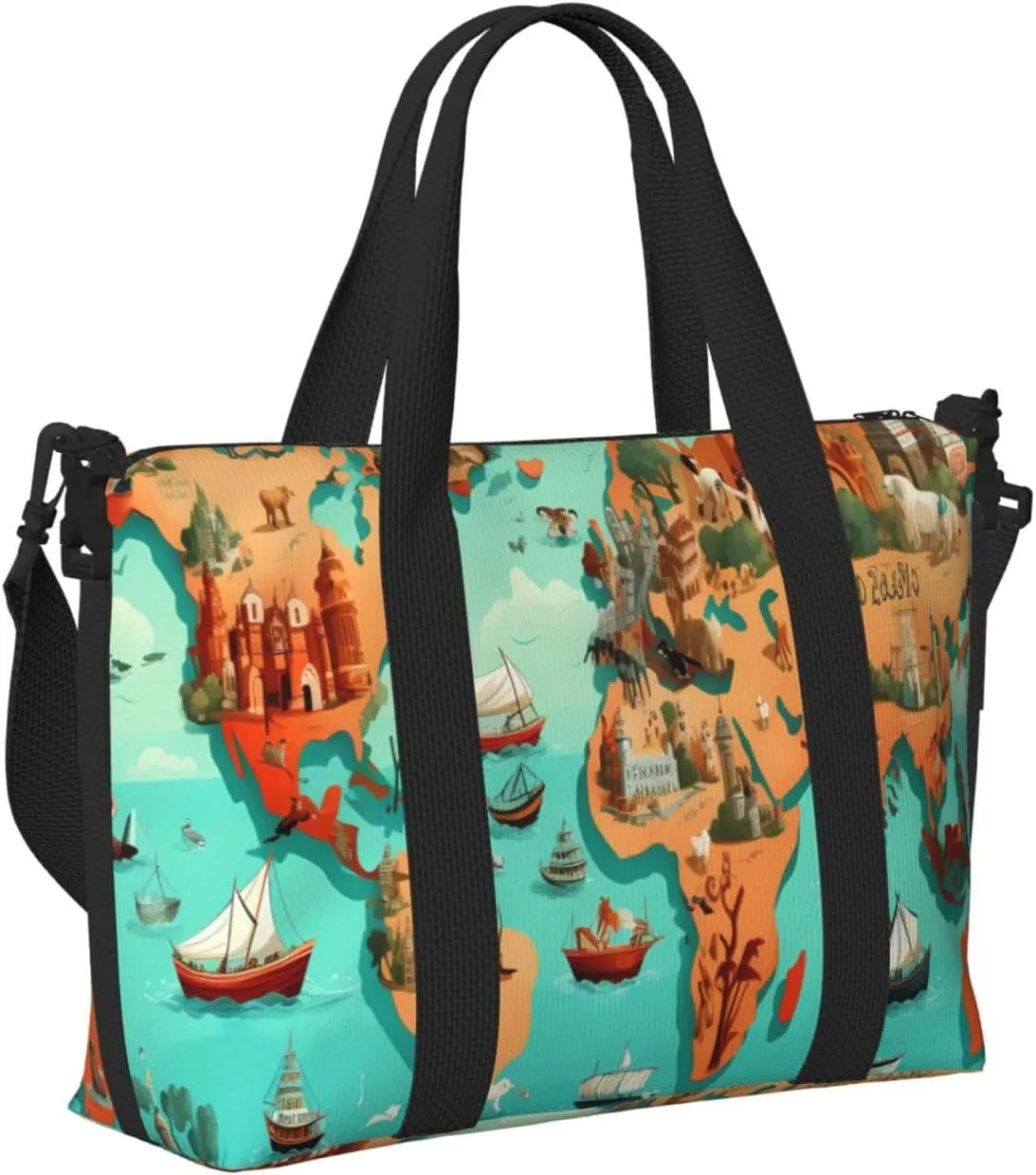 Travel Duffle Bag Cute Animals Map Print Weekender Overnight Bags Luggage Bag for Women Men Waterproof Sports Gym Bag Hand Bag with Shoulder Strap