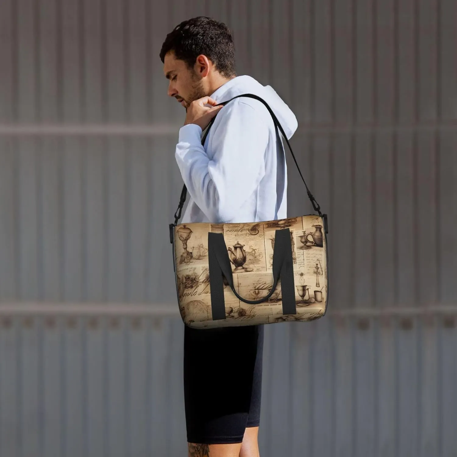 Travel Duffle Bag Vintage Newspaper Cups Weekender Overnight Bags Luggage Bag for Women Men Waterproof Sports Gym Bag Hand Bag with Shoulder Strap