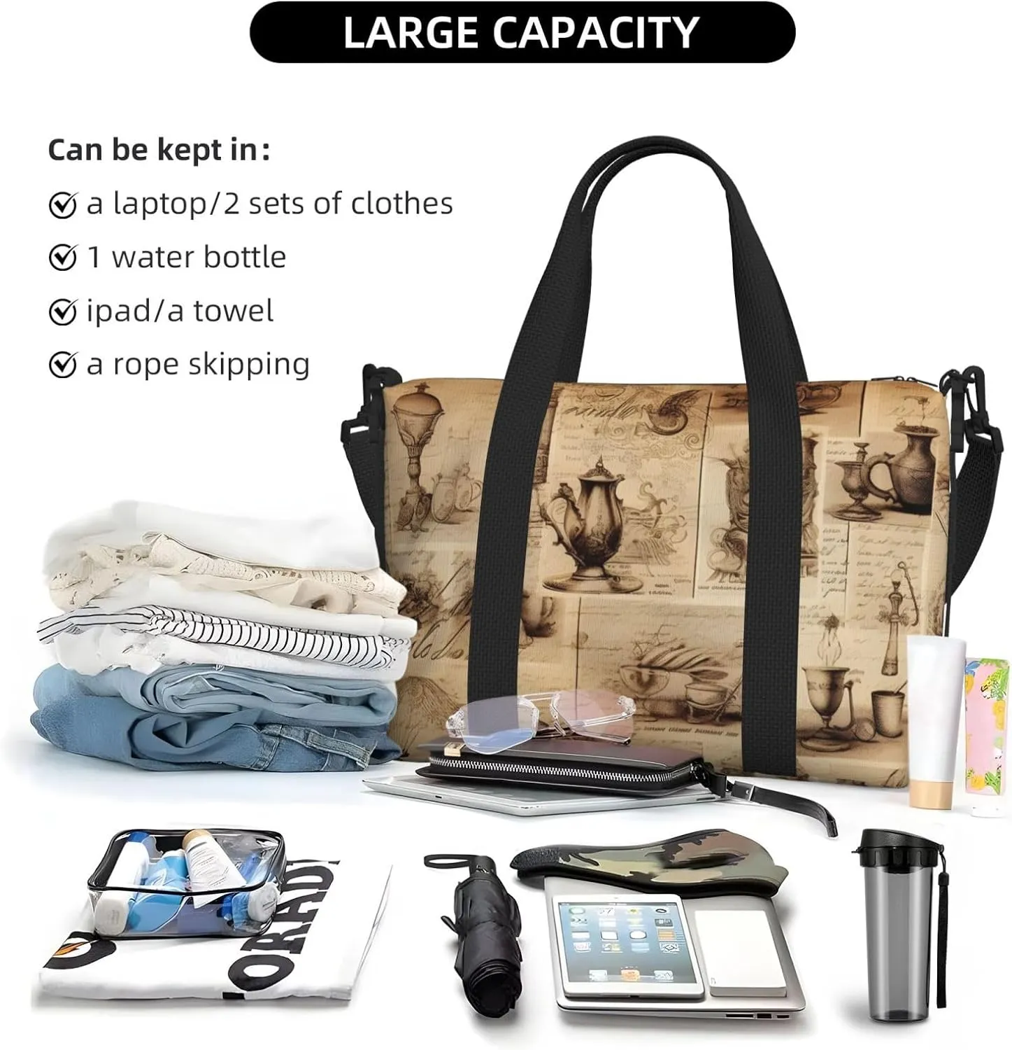Travel Duffle Bag Vintage Newspaper Cups Weekender Overnight Bags Luggage Bag for Women Men Waterproof Sports Gym Bag Hand Bag with Shoulder Strap