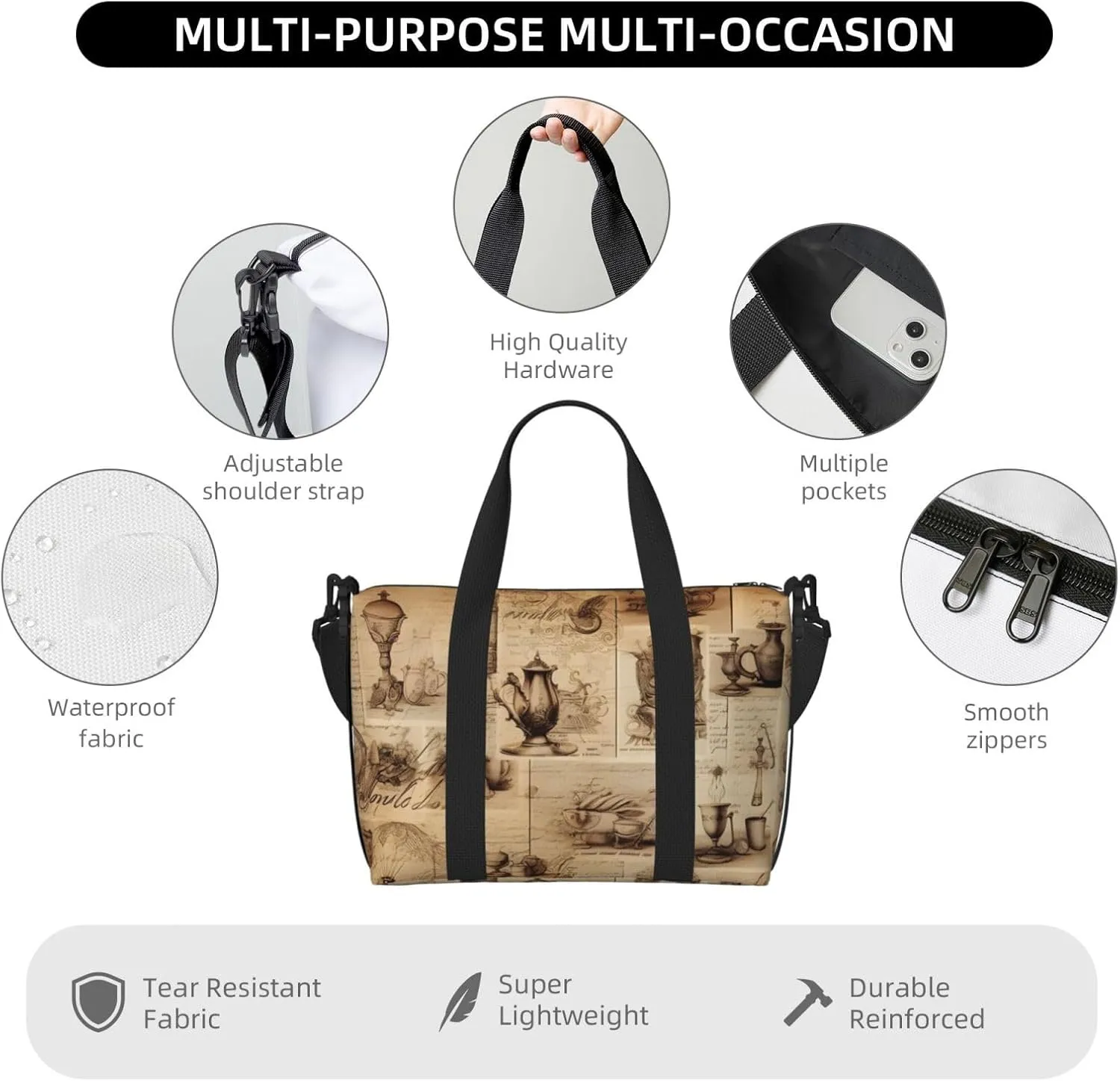 Travel Duffle Bag Vintage Newspaper Cups Weekender Overnight Bags Luggage Bag for Women Men Waterproof Sports Gym Bag Hand Bag with Shoulder Strap
