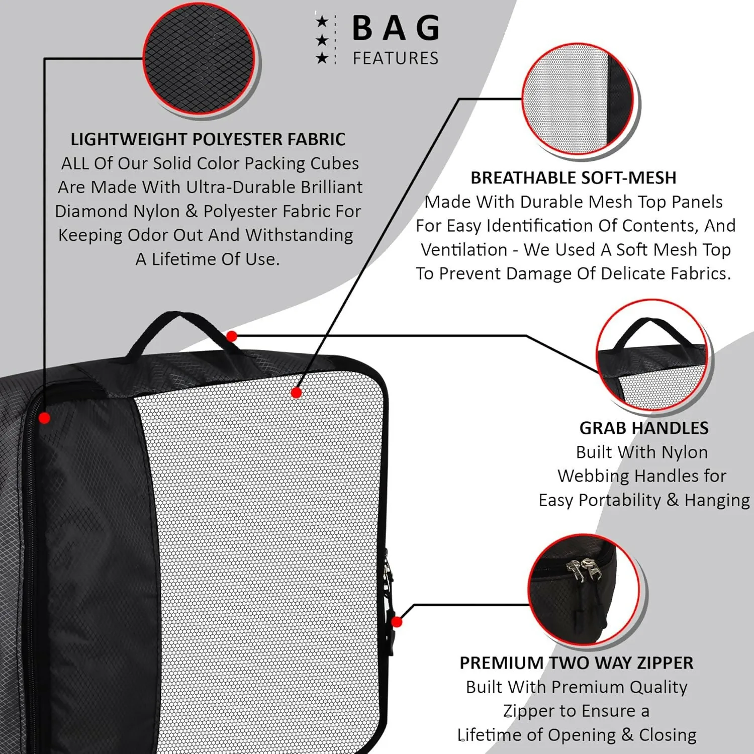 Travel Packing Cubes Set Polyester Organizer Bags (Pack of 4,Black)
