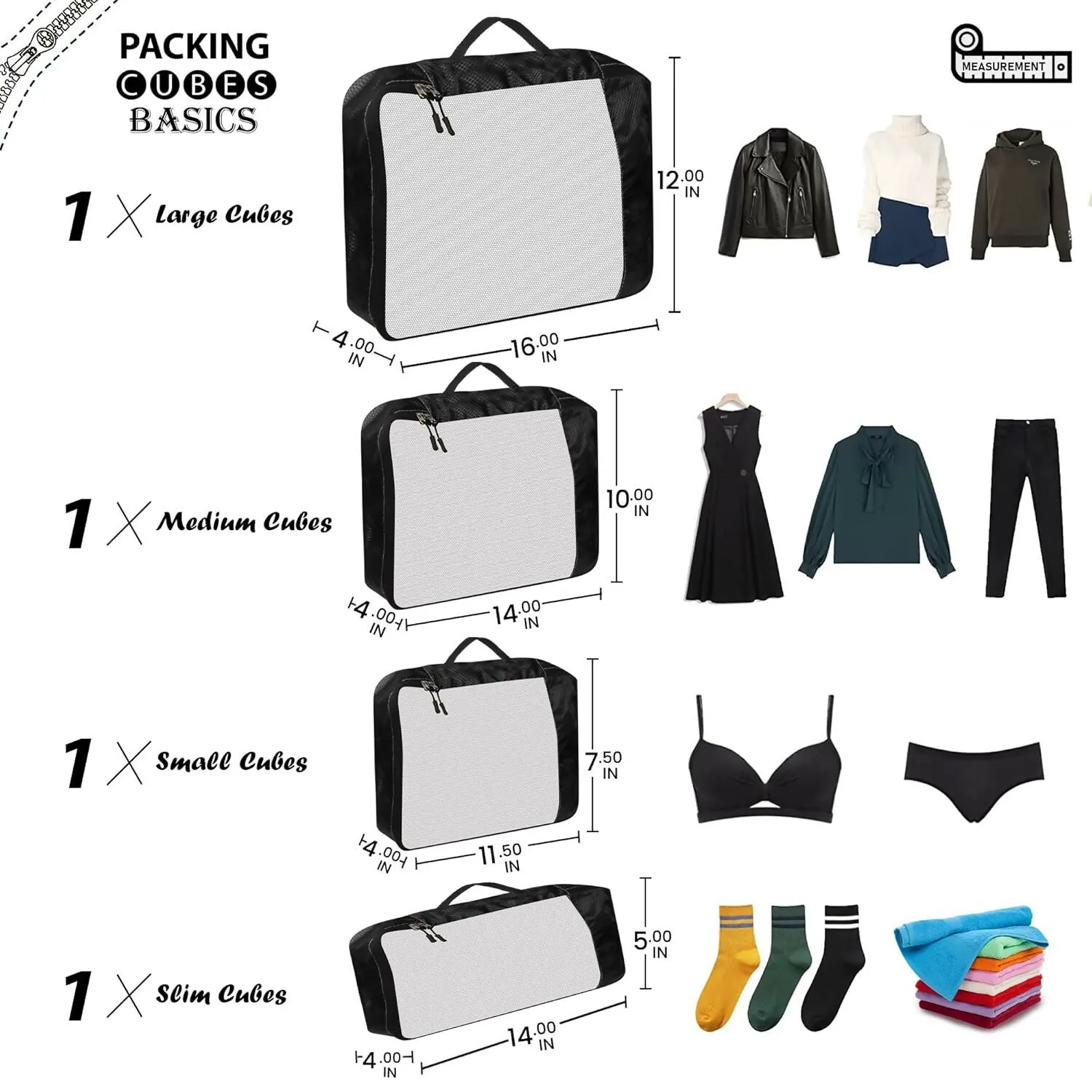 Travel Packing Cubes Set Polyester Organizer Bags (Pack of 4,Black)