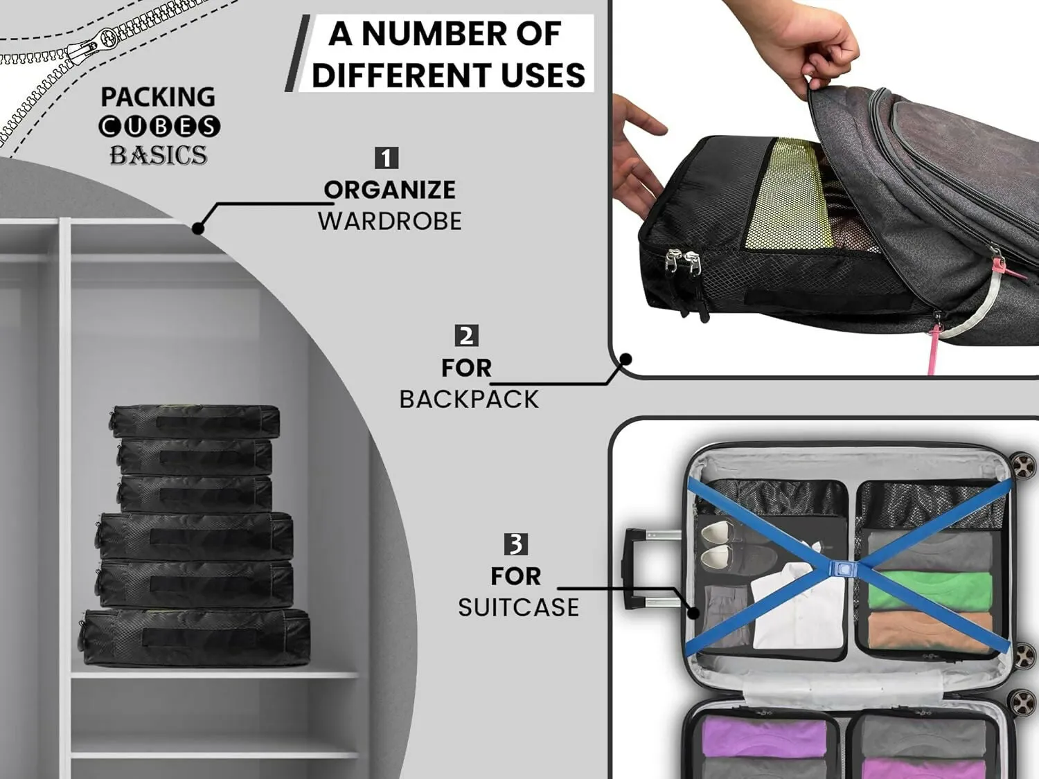 Travel Packing Cubes Set Polyester Organizer Bags (Pack of 4,Black)