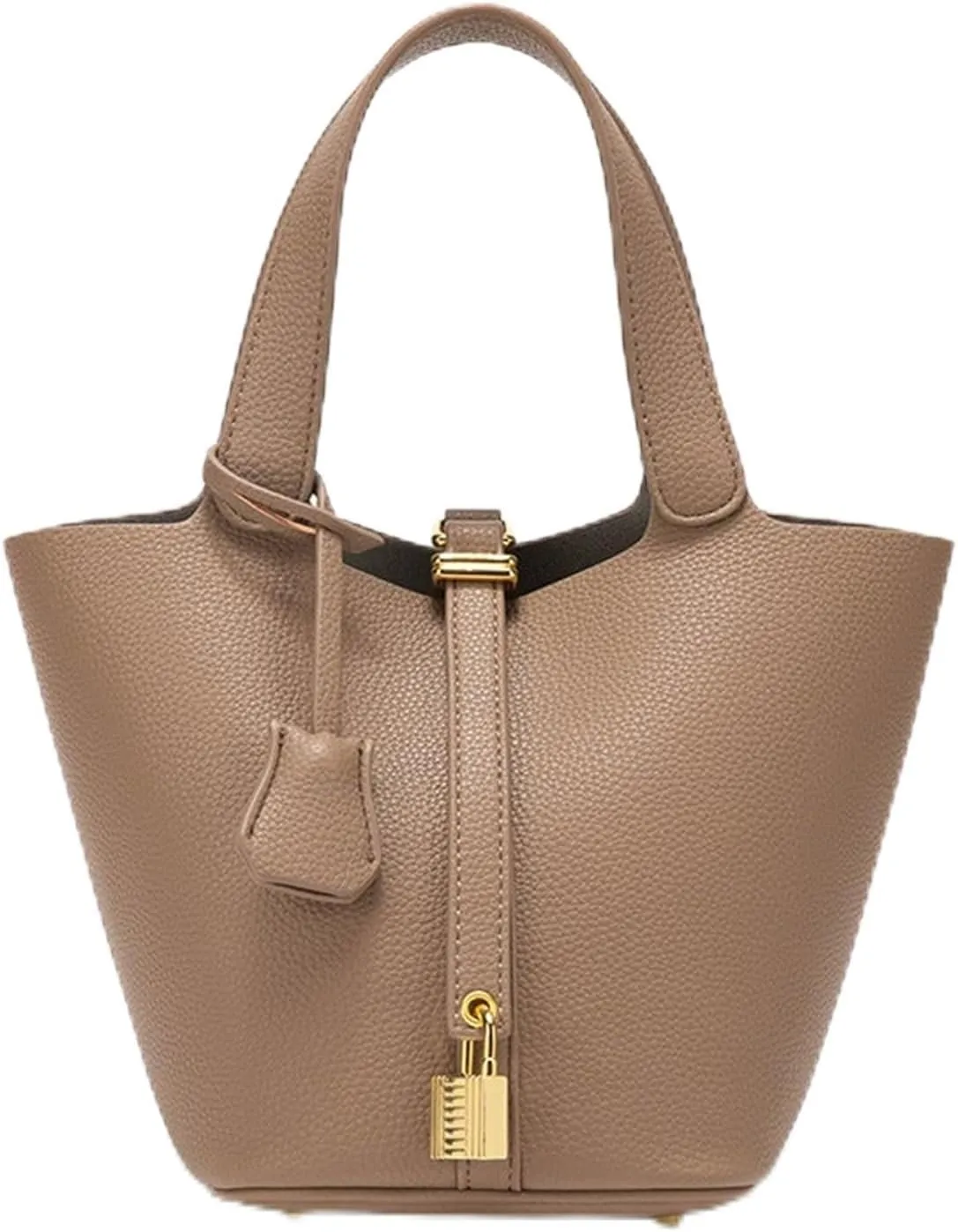 Trendy Plain Color Leather Handbag with Lock Design,Bucket Bag Vegetable Basket,Versatile Shoulder Handbag.