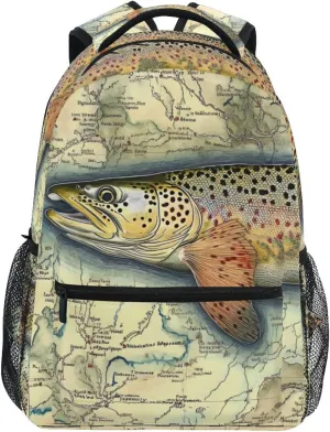 Trout Fish Retro Backpack Daypack Shoulder Bag Book Bag Lightweight Back Pack 12 ×16.9 In