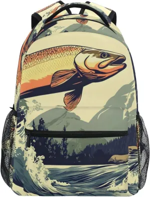 Trout Landscape Comic Backpack Daypack Shoulder Bag Book Bag Lightweight Back Pack 11.4 ×16 In