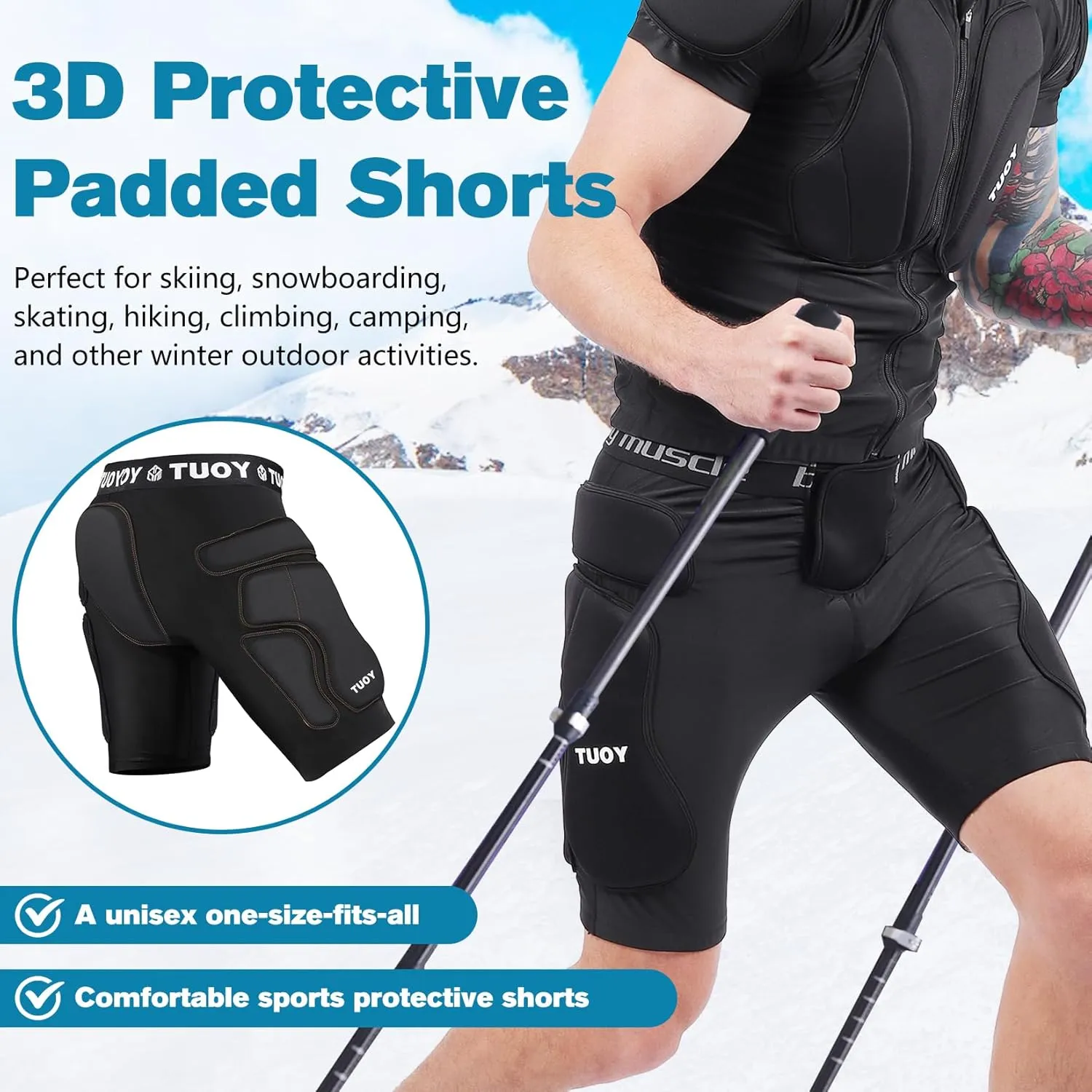 TUOY Protective Padded Shorts for Snowboard,Skate and Ski,3D Protection for Hip,Butt and Tailbone