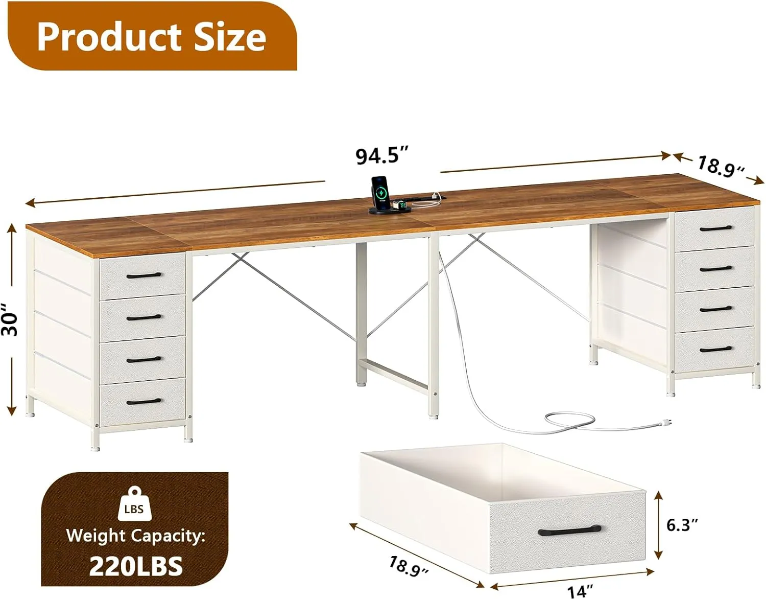 TVU 95" 2 Person Desk with 8 Drawers, Large Writing Home Office Desks with Outlets, I Shaped Workstation Double Desk Drawer Organizers (Antique White)