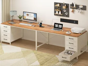 TVU 95" 2 Person Desk with 8 Drawers, Large Writing Home Office Desks with Outlets, I Shaped Workstation Double Desk Drawer Organizers (Antique White)