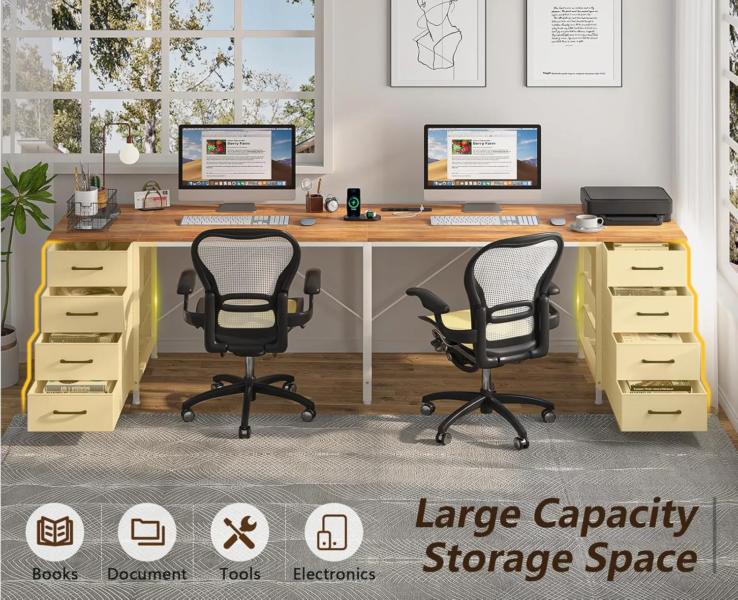 TVU 95" 2 Person Desk with 8 Drawers, Large Writing Home Office Desks with Outlets, I Shaped Workstation Double Desk Drawer Organizers (Antique White)