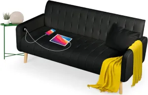TYBOATLE Mid-Century Modern Striped PU Leather Loveseat Sofa w/ 2 USB Charging Ports, Love Seats Couches w/Pillow for Small Space, Living Room, Office, Apartment, Dorm, Office, 57“ W(White) (Black)