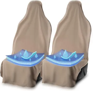 UltraSport Front Seat Cover, Universal Fit Waterproof & Sweatproof Car Seat Protector, Odor-Resistant, Machine Washable & Spill-Proof Towel Cover for Gym, Pet, Travel & Outdoor Adventure, Tan, 2Pack