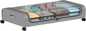 Underbed Storage Containers - Rollable Under Bed Storage Bag with Wheels, Clear Window and Handles, Large Capacity Storage Bins for Clothes Blanket Comforter Bedding,Gray