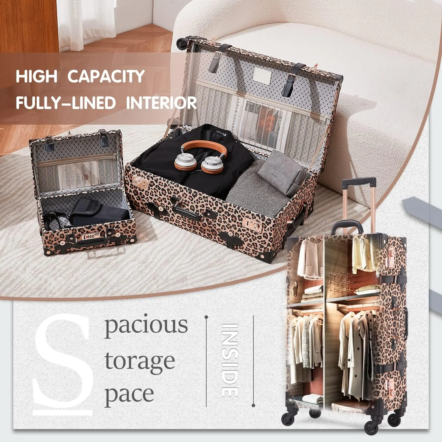 Unitravel 3 Piece Vintage Suitcase Set, 26" Handmade Women Travel Luggage with 12" Handbag, Hardside Faux Leather Retro Carry on Spinner Trunk with TSA Lock, Leopard, 26" 20" 12"