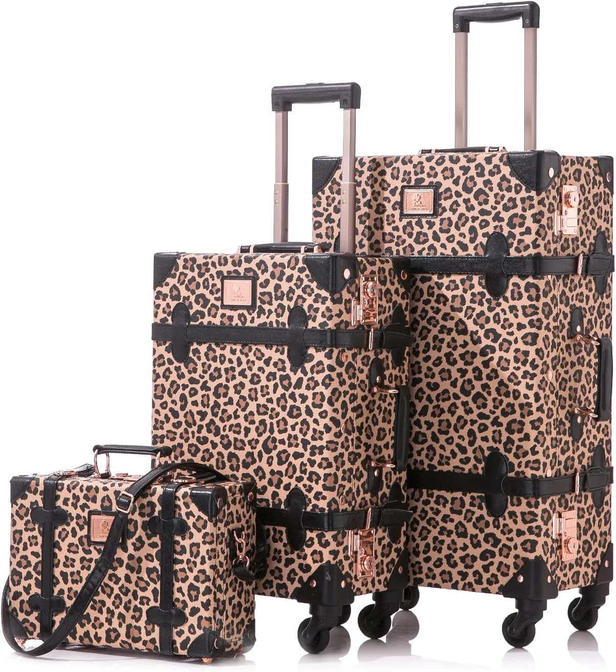 Unitravel 3 Piece Vintage Suitcase Set, 26" Handmade Women Travel Luggage with 12" Handbag, Hardside Faux Leather Retro Carry on Spinner Trunk with TSA Lock, Leopard, 26" 20" 12"