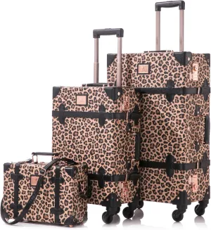 Unitravel 3 Piece Vintage Suitcase Set, 26" Handmade Women Travel Luggage with 12" Handbag, Hardside Faux Leather Retro Carry on Spinner Trunk with TSA Lock, Leopard, 26" 20" 12"