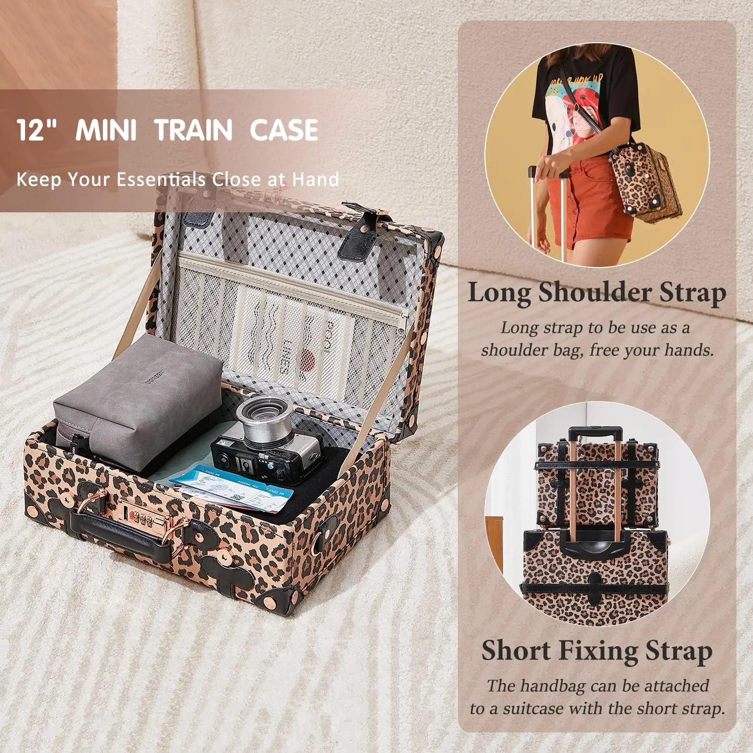 Unitravel 3 Piece Vintage Suitcase Set, 26" Handmade Women Travel Luggage with 12" Handbag, Hardside Faux Leather Retro Carry on Spinner Trunk with TSA Lock, Leopard, 26" 20" 12"